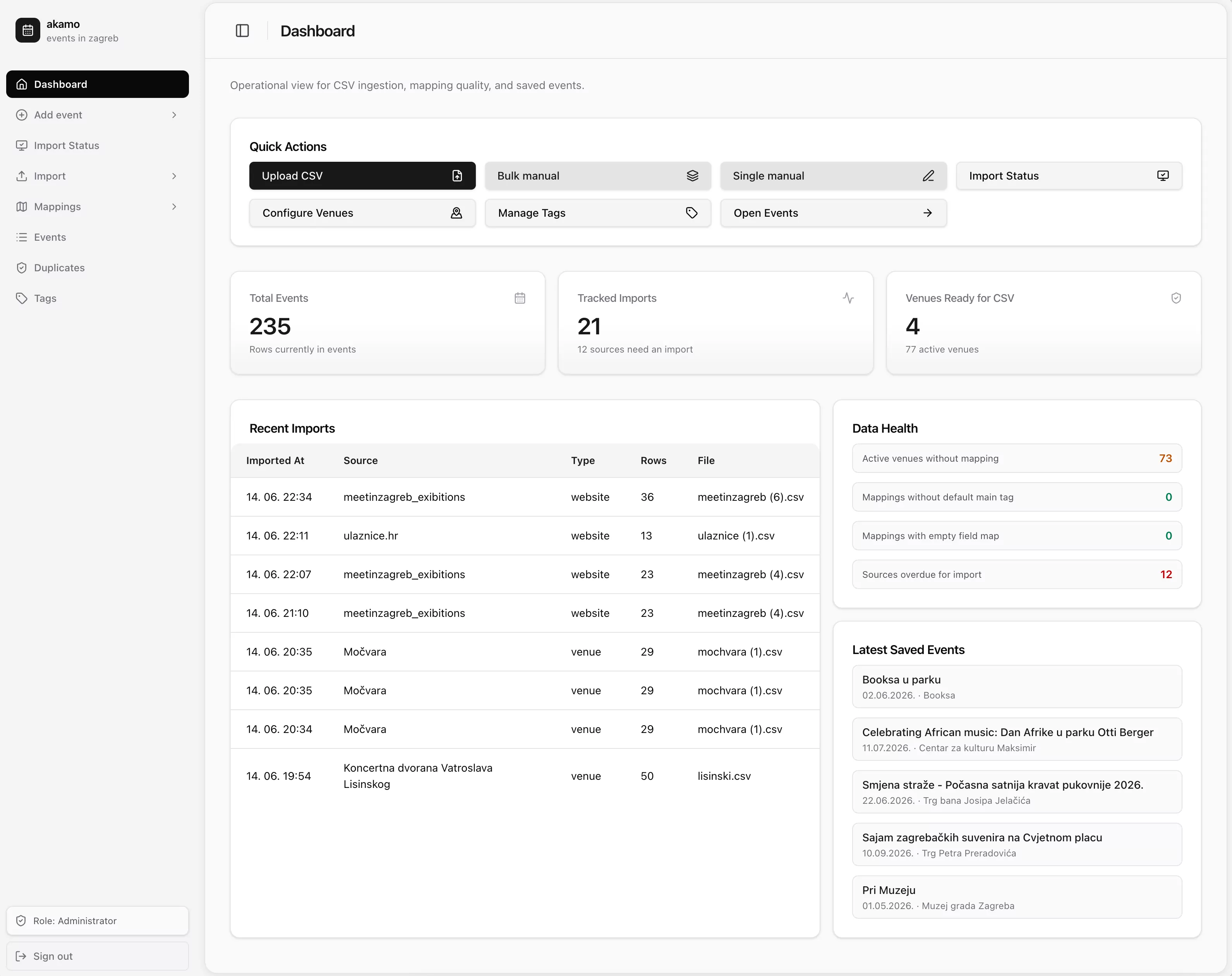 City Events App, admin dashboard view